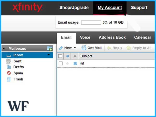 Comcast email inbox webpage